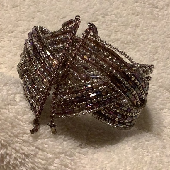 🌹21 strands of wire beaded bracelet cuff silver - Picture 2 of 5